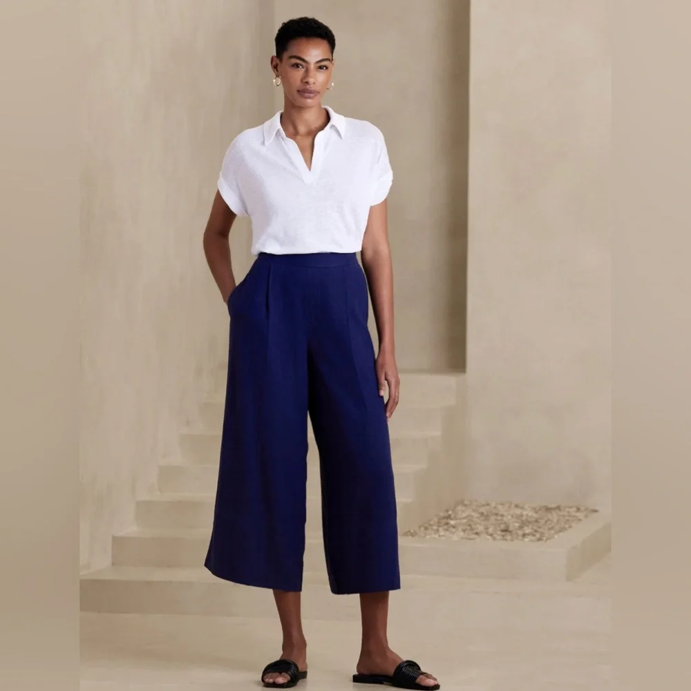 SALE! NWT! BANANA REPUBLIC NAVY LINEN-BLEND CROPPED WIDE-LEG PANT - MULTIPLE